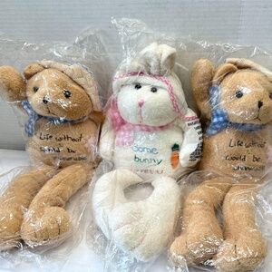 Set of 2 Huggable Bears with Crocheted Caps & 1 Rabbit-Kids Toys Gifts Like New